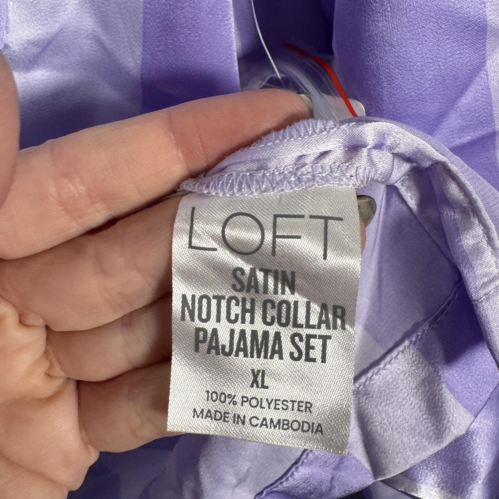 LOFT Sleep Pajama Set Womens XL Purple Satin Stripe Notch Collar Long Sleeve PJs - Picture 8 of 16